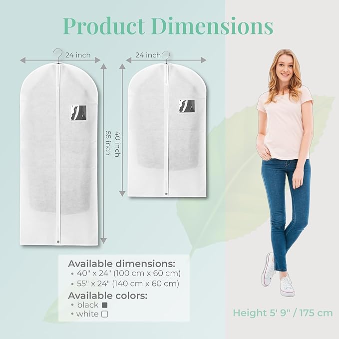 2-Pack Breathable Garment Bags for Hanging Clothes – Dust-Proof Suit & Dress Covers with Clear Window – Waterproof, Foldable Closet Storage Organizer for Coats, Gowns, and Jackets (White, 55")