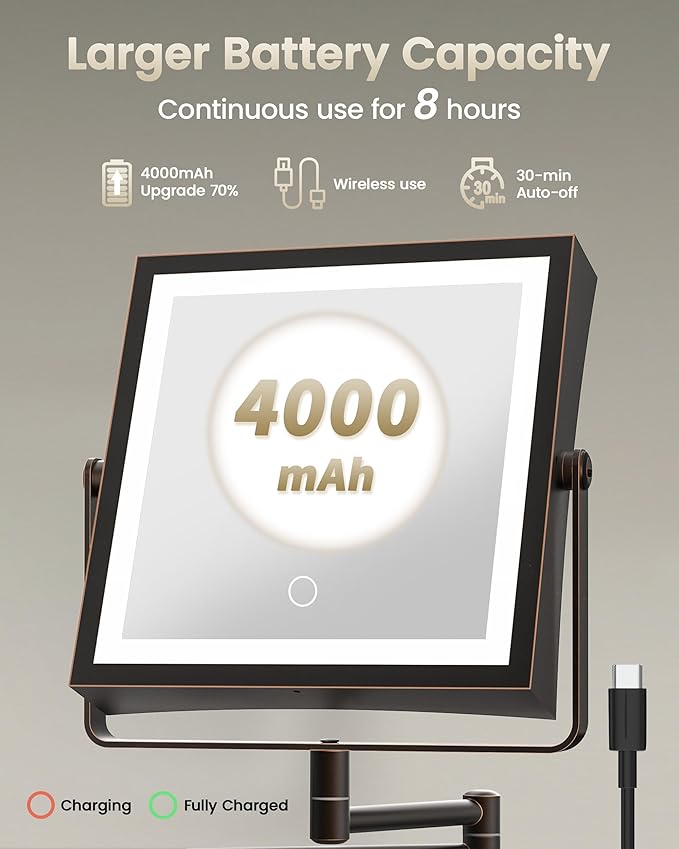 Rechargeable Wall Mounted Makeup Mirror with Lights, 4000mAh Double Sided 1X/10X Magnifying Vanity Mirror with 3 Color Lights, Touch Dimmable, 360° Extension Foldable Arm(Oil Rubbed Bronze