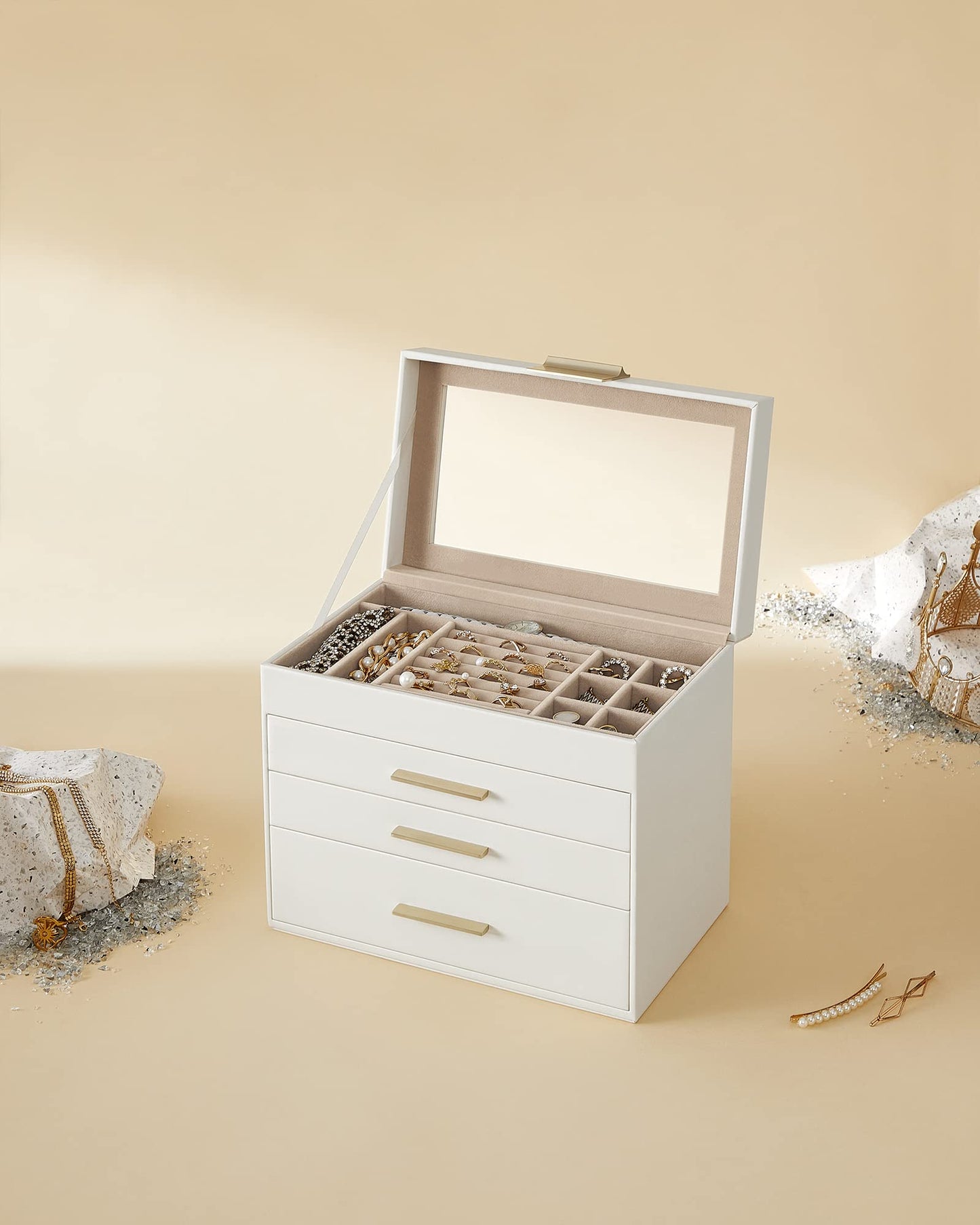SONGMICS Jewelry Box Organizer with Glass Lid, 4-Layer Jewelry Storage, with 3 Drawers, Modern Style, 6 x 9.9 x 8.5 Inches, Cloud White and Gold Color UJBC161W01