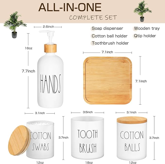 White Bathroom Accessories, 5 Pcs Glass Bathroom Accessory Set with Bamboo Tray, Soap Dispenser and Toothbrush Holder Set, Qtip and Cotton Ball Holder, Farmhouse Boho Bathroom Set Complete