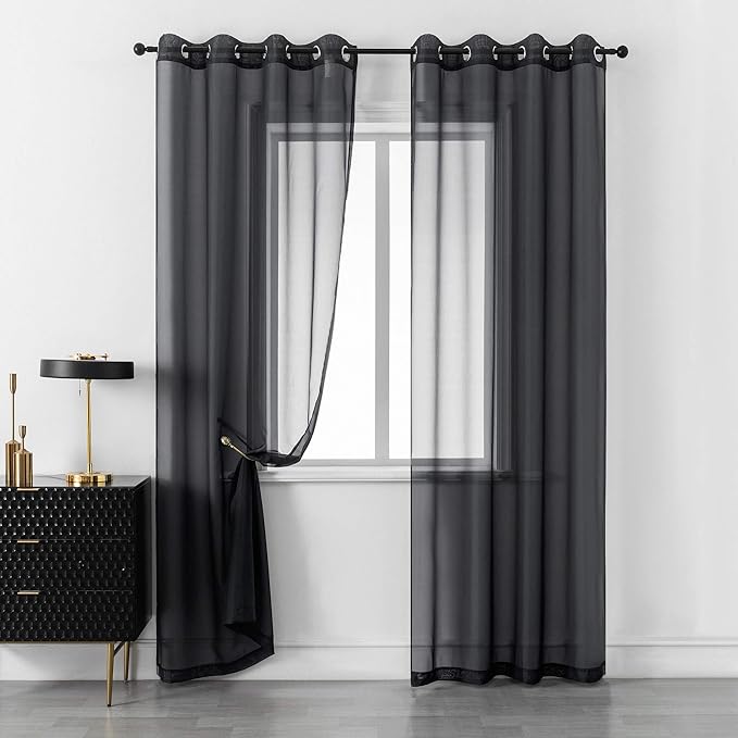 DUALIFE 96 Inches Length Curtains for Living Room Set of 2 Panels Grommet Look Semi Transparent Thin Black Sheer Curtains for Bedroom Backdrop (52" W x 96" L, Black)