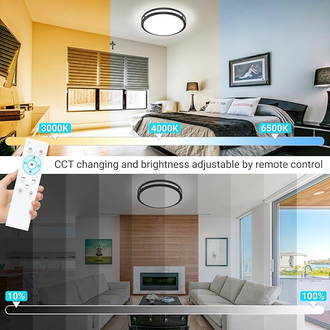 libtit 13 Inch LED Ceiling Lights with Remote for Bedroom Kitchen, 24W 2400lm Super Bright & Dimmable Flush Mount Light Fixtures, 2700K-6500K Adjustable Modern Lamps with Timer, Black