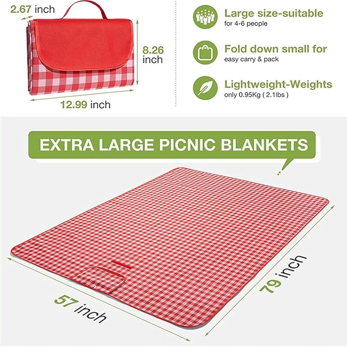 Outdoor Picnic Blanket, Foldable Waterproof Sand Beach Mat in Large 80x60in for Beach Camping Hiking Travel Family Concerts Portable Beach Blankets (Red)