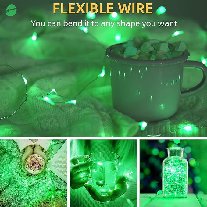 LAMPHOME 100 LED Green St Patrick's Day Fairy Lights Battery Operated, Copper Wire Starry String Lights, 32.5Ft Multi Functions & Timer with Remote for St Patrick's Day Decorations