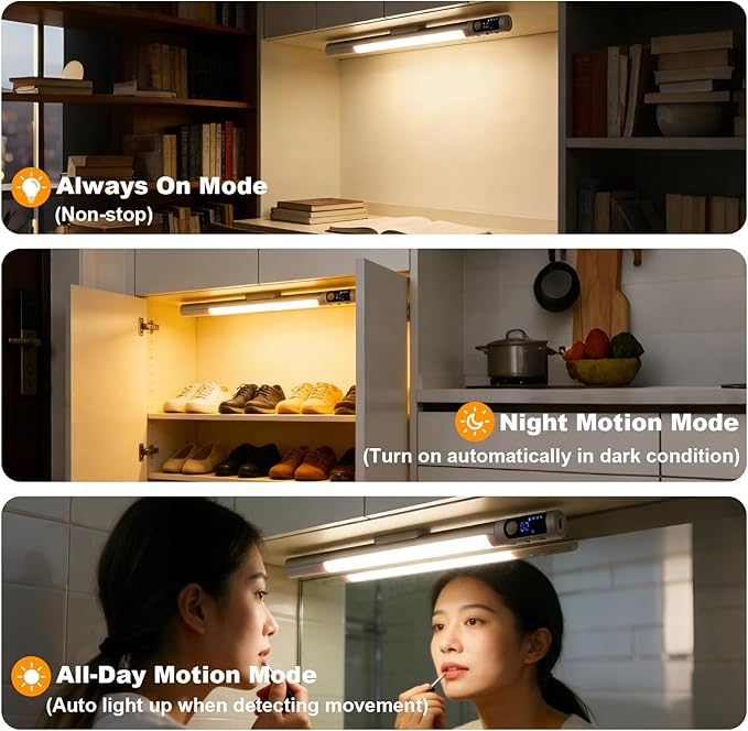 15.2" 2 Pack Motion Sensor Under Cabinet Lighting with Digital Display, 4 Brightness & 3 Color Temperatures, Rechargeable Led Under Cabinet Lights for Closet Cabinet Bedroom Hallway