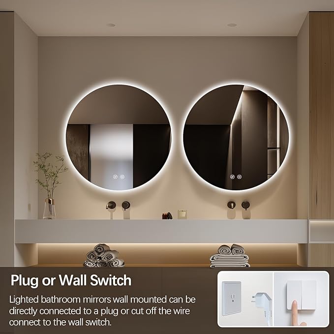 Niccy Round Led Mirror for Bathroom, 32" Circle Frameless Backlit Mirror wiht Light, Anti-Fog, 3 Colors, Waterproof, Memory Function