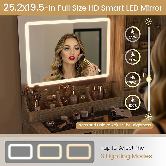 EROMMY 46.5" Makeup Vanity Desk with LED Lights and Large Mirror, Fluted Vanity Desk with 2 Drawers & 4 Storage Cabinets, Dressing Table with Glass Top and Charging Station for Bedroom Gift (Natural)