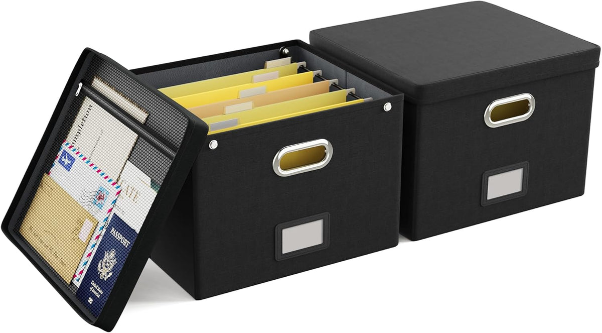 2 Pack File Organizer Box with Lid, Large Hanging Filing Box with Mesh Pocket, Document Organizer for Letter Files, Portable Storage Case for Office&Home (Black)