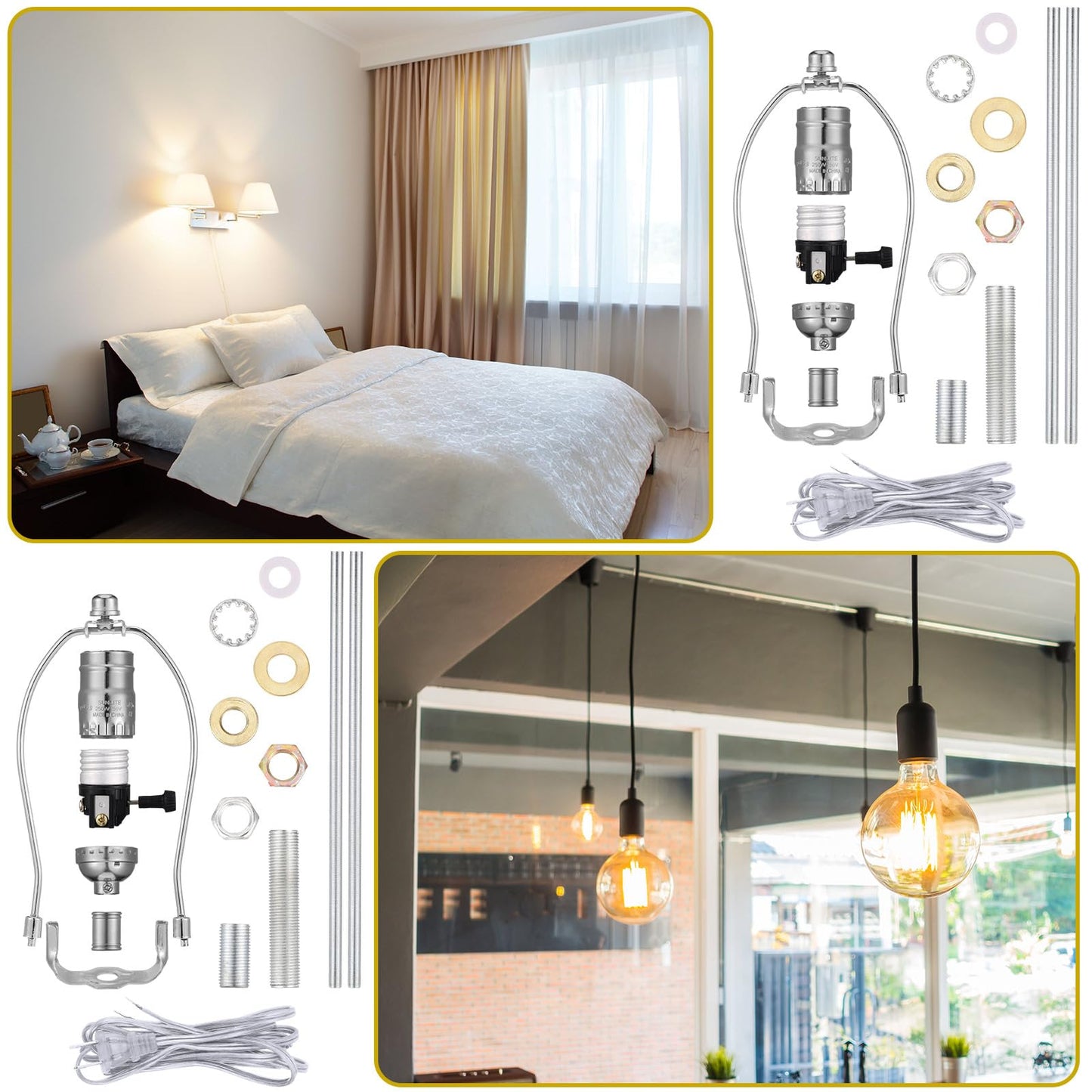 Baquler 2 Set Lamp Rewire Kit Make a Lamp or Repair Kit with 8'' Harp 12" Tube Pipe 3 Way Socket 8 ft Cord and All Hardware Parts for DIY Antique Table Centerpiece Design(Silver)"