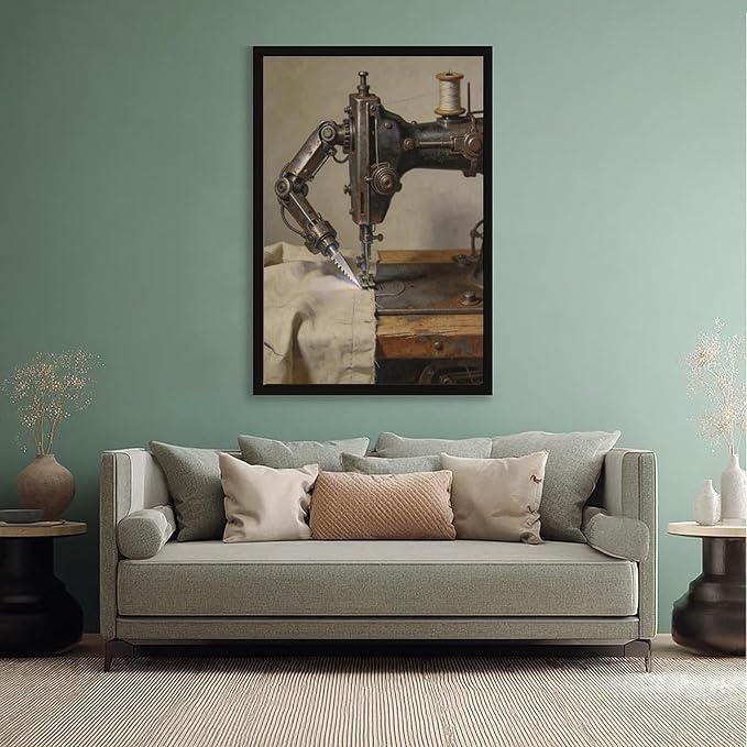 Framed Steampunk Mechanical Sewing Machine Wall Art - Retro Industrial Workshop Poster for Home Office Studio Decor 08x12in