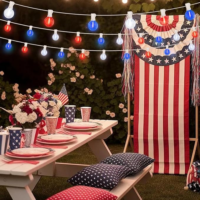 LAMPHOME 2 Pack 26Ft LED G40 Red White and Blue String Lights Outdoor, 4th of July Patriotic Lights with 12+1 Shatterproof Bulbs, Memorial Day Independence Day Decor for Yard Garden Patio
