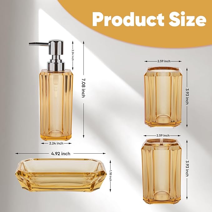 4-Piece Elegant Champagne Gold Bathroom Accessories Set — Soap Dispenser, Soap Dish, Mouthwash Cup & Toothbrush Holder, Glossy Acrylic with Champagne Accent, Vanity Countertop Organizer