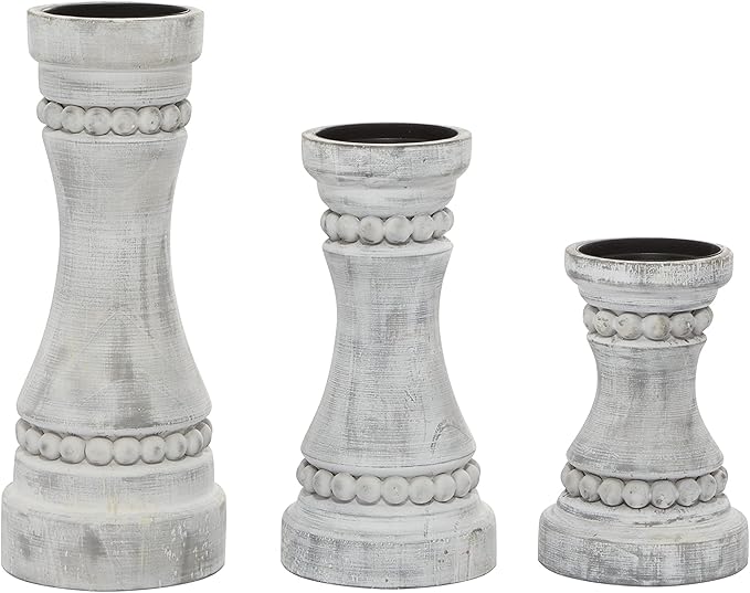 Deco 79 Wood Solid Candle Holder, Set of 3 12", 9", 7"H, Gray