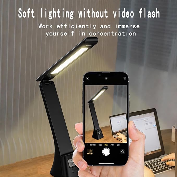 All-in-One Wireless Charging Desk Lamp with Digital Clock & Alarm, 15W Fast Phone Charger, 3 Color Lighting Modes, 180° Foldable, Touch Control for Bedroom, Office,TYV-2088 Black.