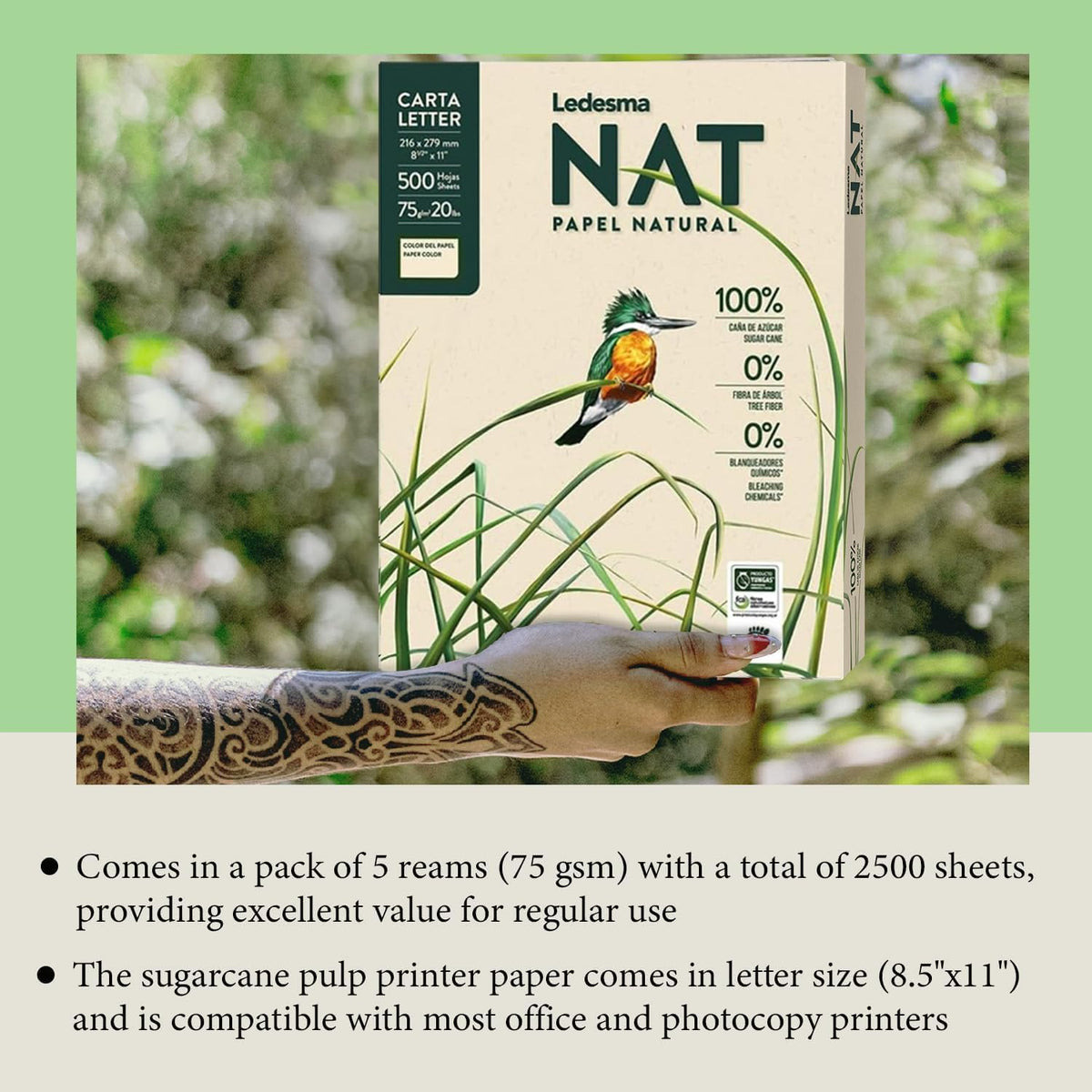 Letter Size 8.5"x11" Sugarcane Pulp Printer Paper - 75 GSM, Unbleached Paper Multipurpose Copy Printer Paper - for All Office & Photocopy Printers, Designs, Crafts (5 Ream)