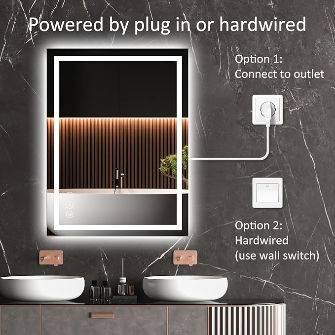LED Bathroom Mirror 24x32 Inch Anti-Fog Bathroom Mirror with Lights, Wall Mounted Lighted Vanity Mirrors, Dimmable, Backlit + Front Lit, Smart Bathroom Vanity Mirror with 3 Colors Temperature