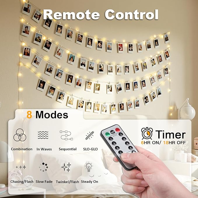 SUDDUS 16ft 50LED Fairy Lights with 22 Clips, Battery/USB Operated Photo Twinkle Lights with Remote Control & Timer, Waterproof Indoor Outdoor String Lights for Wedding Bedroom Dorm Decor (Warm White)