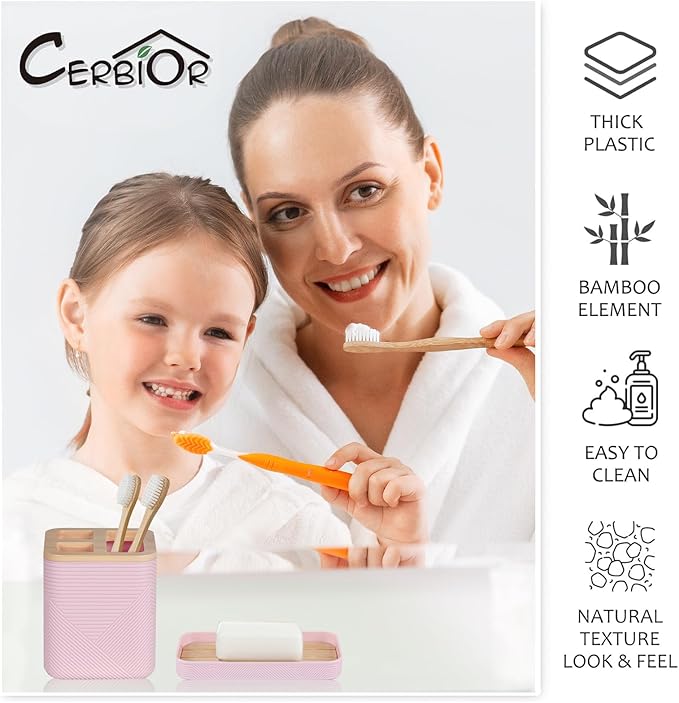 CERBIOR Bathroom Accessories Set 6 Piece Bamboo Bath Ensemble Includes Soap Dispenser, Toothbrush Holder, Toothbrush Cup, Soap Dish for Decorative Countertop and Housewarming Gift (Pink)