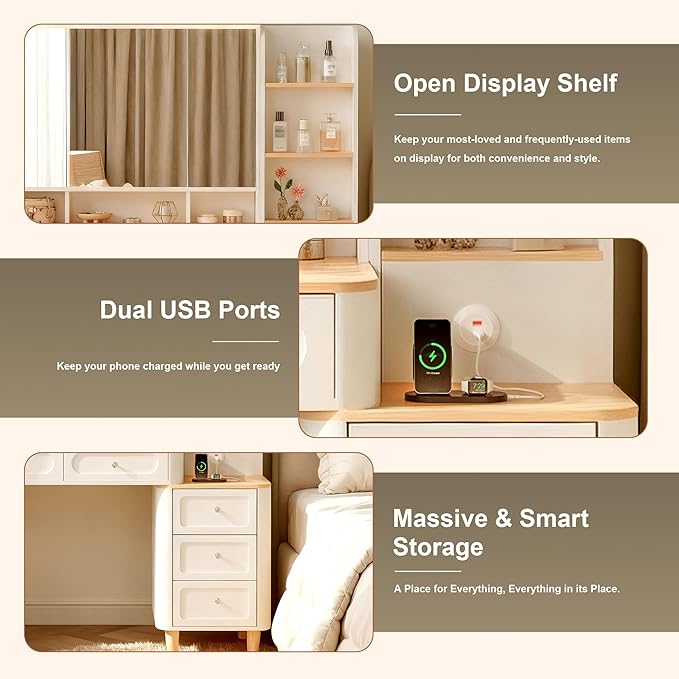 【Hanuq】 Vanity Desk with Mirror and Lights,Makeup Vanity with 2 USB Power Strip,Vanity Set with Two Drawers and Three-Drawer Chest,3 Lighting Modes Adjustable Brightness,Foldable Three-Sided Mirror