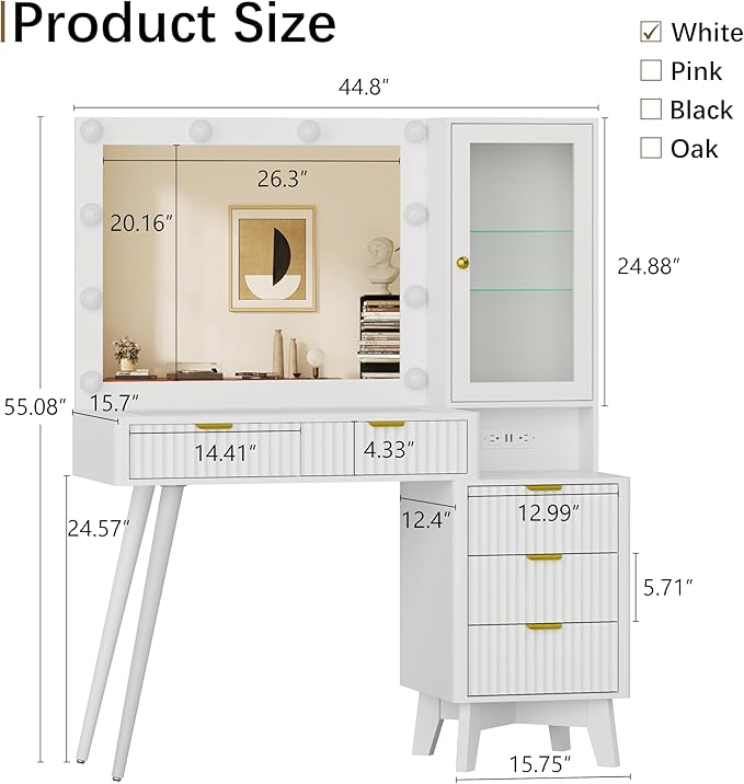 45'' Fluted Makeup Vanity Desk with LED Lights Mirror & Charging Station, Modern Glass Top Vanity Table with 5 Drawers & Glass Cabinet, Dressing Table for Bedroom, Living Room, White
