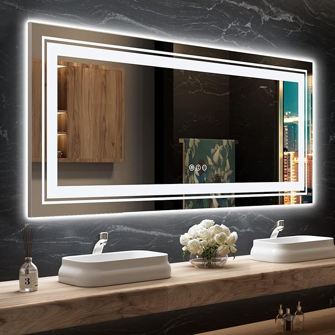 71x31 LED Bathroom Mirror with Front and Backlight, Dimmable Lighted Bathroom Vanity Mirror with Anti-Fog, Memory Function,Tempered Glass(Horizontal/Vertical)