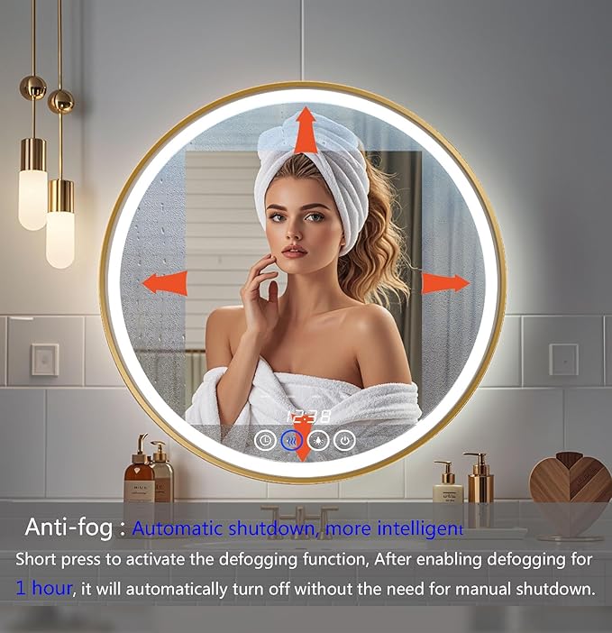 Wall-Mounted Round Bathroom Mirror with LED-Lights - Frame Vanity Mirrors (24" x 24", Gold)