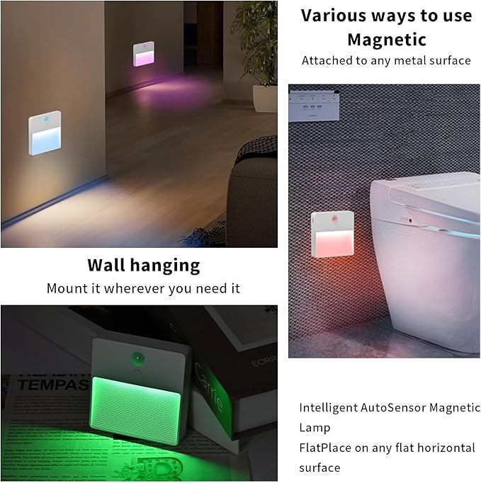 ASAWASA LED Motion Sensor Night Light, 7 Colors Rechargeable Magnetic Decor Wall Lights, Dimmable, Suitable for Bathroom hallways bedrooms Kitchen cabinets Staircase(2 Pack)