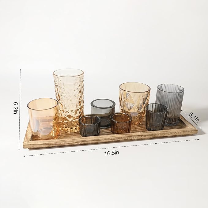 Rustic Wooden Tray with 8 Brown Glass Votive Candle Holders, Decorative Tea Light Holder Set for Mantel, Centerpiece, Dining Table Centerpiece Set, and Home Decor(Set of 8 Pieces)