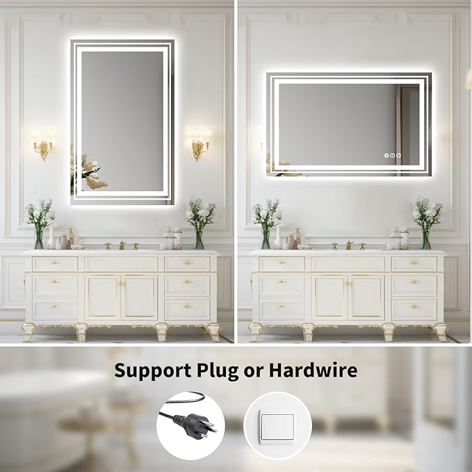 WTTY 48x30 LED Bathroom Mirror with Lights, Front and Backlit Lighted Bathroom Vanity Mirrors for Wall, Dimmable Wall Mirrors for Bathroom, Anti-Fog, Memory, Shatter-Proof, Double LED Vanity Mirror