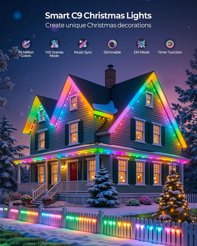 YAYZA! Smart C9 Christmas Lights Outdoor, 200 LED 130 FT RGB C9 String Lights with APP & Remote Control, 105 Modes, Music Sync, Connectable Waterproof Christmas Lights for Roofline Patio Xmas Decor