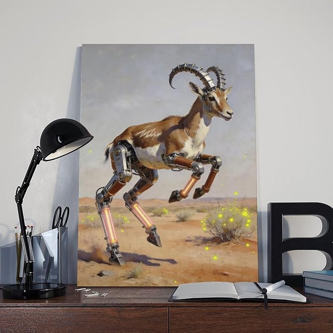 Framed Steampunk Mechanical Antelope Wall Art - Desert Futuristic Poster for Loft Living Room Decor 12x18inch(30x45cm)