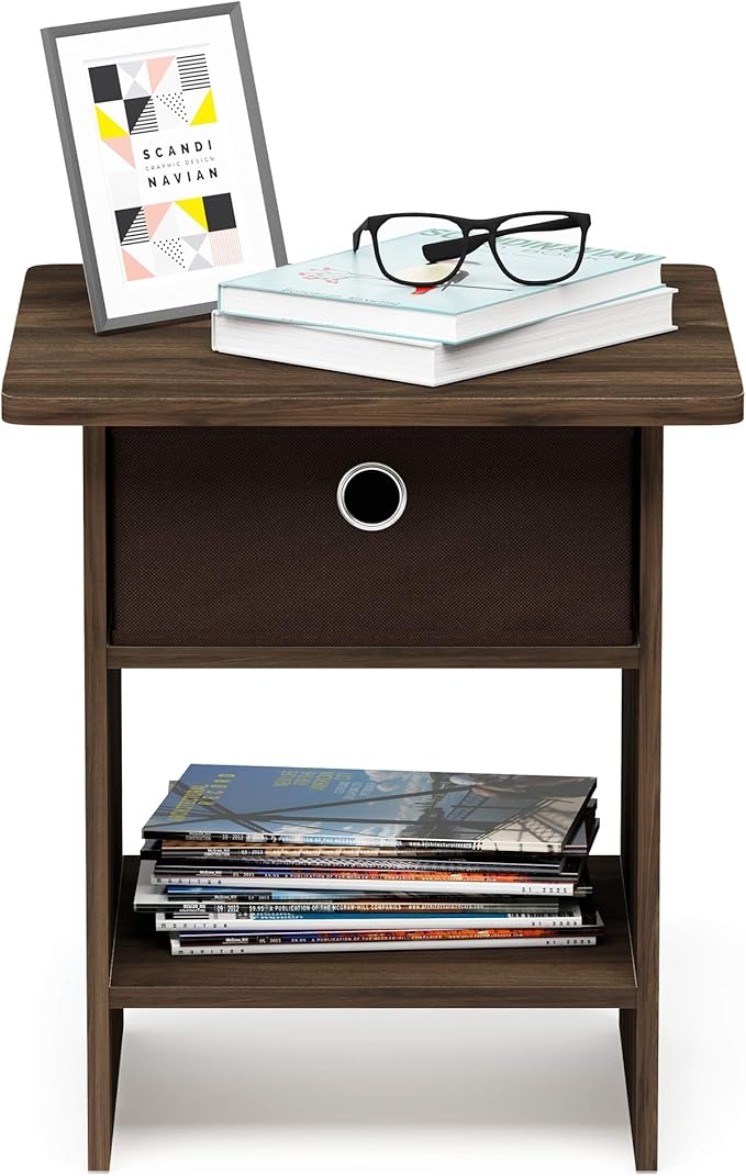 Furinno Dario End Table / Side Table / Night Stand / Bedside Table with Bin Drawer, 1-Pack, Columbia Walnut/Dark Brown