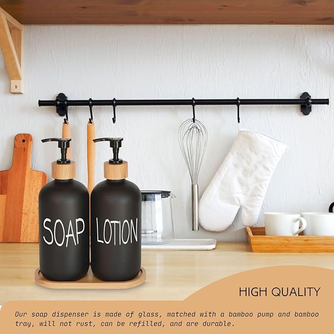Black Soap Dispenser Bathroom Set, Set with Glass Dispenser, Bamboo Pumps & Tray. Hand and Lotion Suitable for Farmhouse Decor