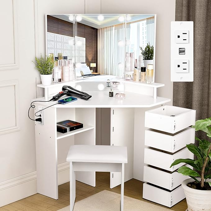 VOWNER Vanity with Lights - Makeup Vanity Desk with Power Outlet, 3 Color Lighting Options Brightness Adjustable, 5 Rotating Drawers, Shelves and Stool for Bedroom, White