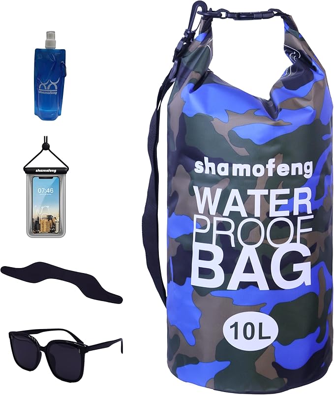 Waterproof Dry Bag Combo 5-30L Roll Top Dry Storage Bag Backpack for Kayaking Boating Beach Camping Travel Fishing, w/Phone Case & Collapsible Water Bottle & Sunglasses & Ear Band,Blue 5L