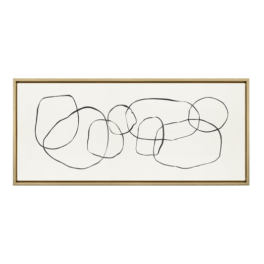 Kate and Laurel Sylvie Dancing Circles Framed Linen Textured Canvas Wall Art by Teju Reval of SnazzyHues, 18x40 Gold, Neutral Abstract Wall Decor