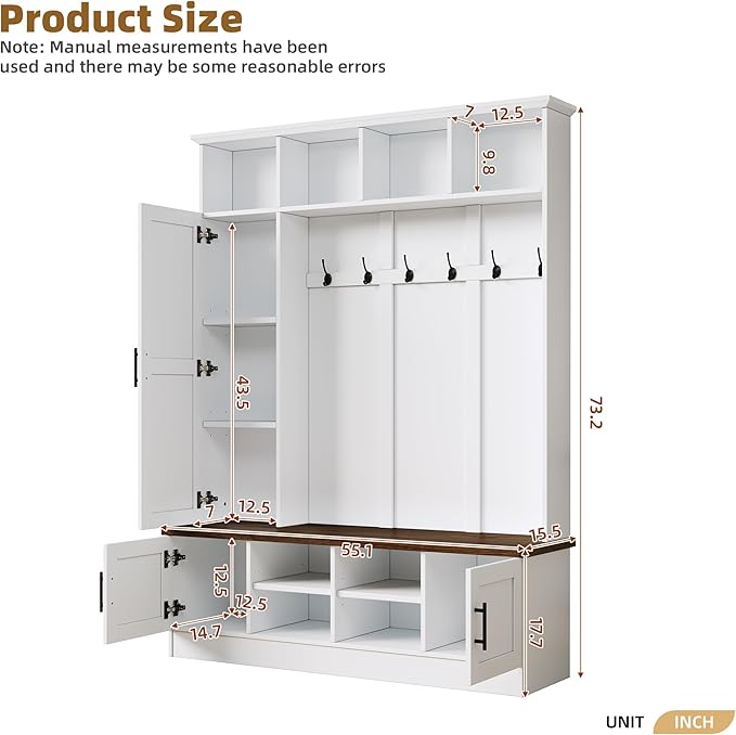 Modern 55‘’ Wide Hall Tree with 6 Hooks, Wood Brown Grain Minimalist Shoe Cabinet with Adjustable Shelves, Versatile Entryway Coat Rack for Living Room Hallway (White-11A)