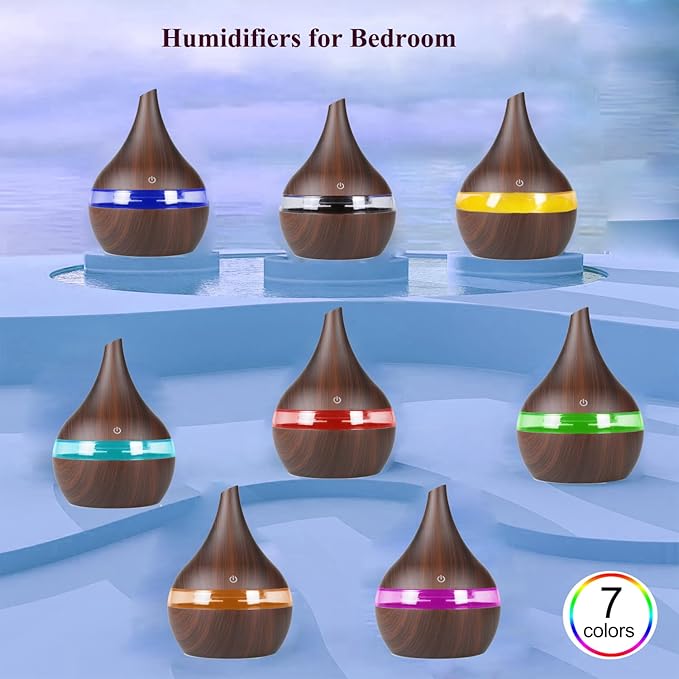 300ml Cool Mist Humidifier, 10-20H Runtime Ultra-Quiet 24dB Bedroom Humidifier with 7 Color Lights & 2 Mist Modes, Auto Shut-Off, Small Space Humidifiers for Baby Nursery Home Office (Brown)