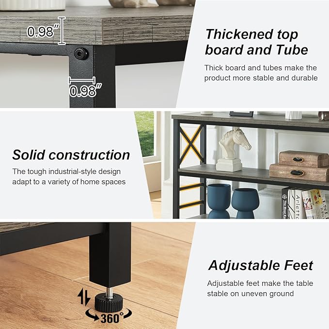 HOMBAZAAR Sofa Table,Industrial Console Table with Storage,Entryway Table with Engineered Wood and Metal,3 Tier Shelf for Living Room,Hallway,Grey,47 Inch