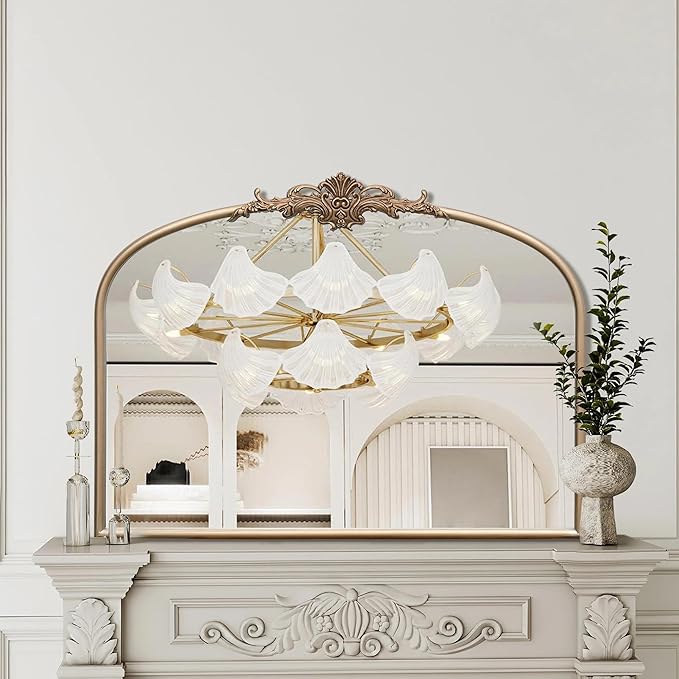 Besdomus Arched Vintage Gold Mirror: 32"x24" Large Champagne Gold Antique Wall Mounted Mirror - Baroque Traditional Ornate for Fireplace/Bathroom/Living Room - Wall Decor for Fashion-Conscious