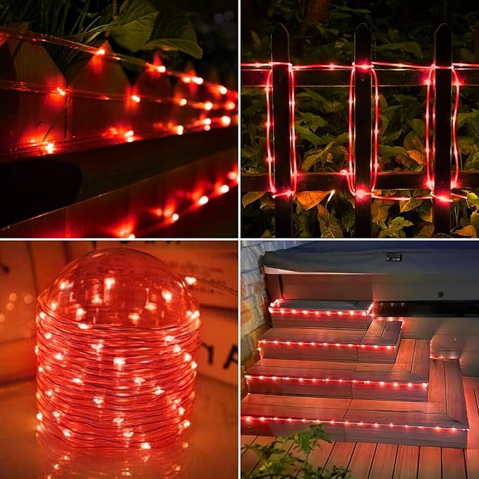 Solar Rope Lights, 66ft 200LED Solar String Lights, 8 Modes Waterproof Solar Powered Outdoor Light, Flexible Clear Tube Light for Garden Backyard Patio Deck Porch Pool Tree Christmas Decoration - Red