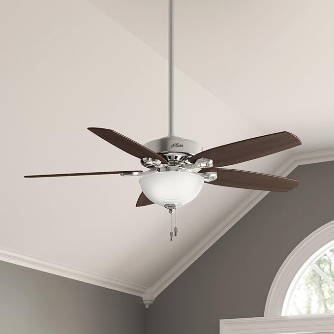 Hunter 52 inch Indoor Ceiling Fan with LED Light - Ceiling Fan with Pull Chain, For Bedroom or Living Room, Standard Mount, No Remote, 5 Blades, Includes Bulbs - Builder Deluxe 53090, Brushed Nickel