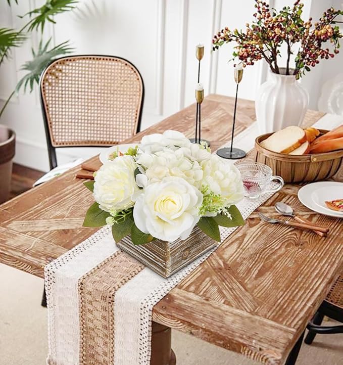 Flower Arrangement with Wooden Vase 8" Artificial Flowers in Pot - Fake Flowers Roses Peonies Hydrangeas in Wooden Vase Potted Artificial Flower Centerpieces for Table Decor Living Room - White