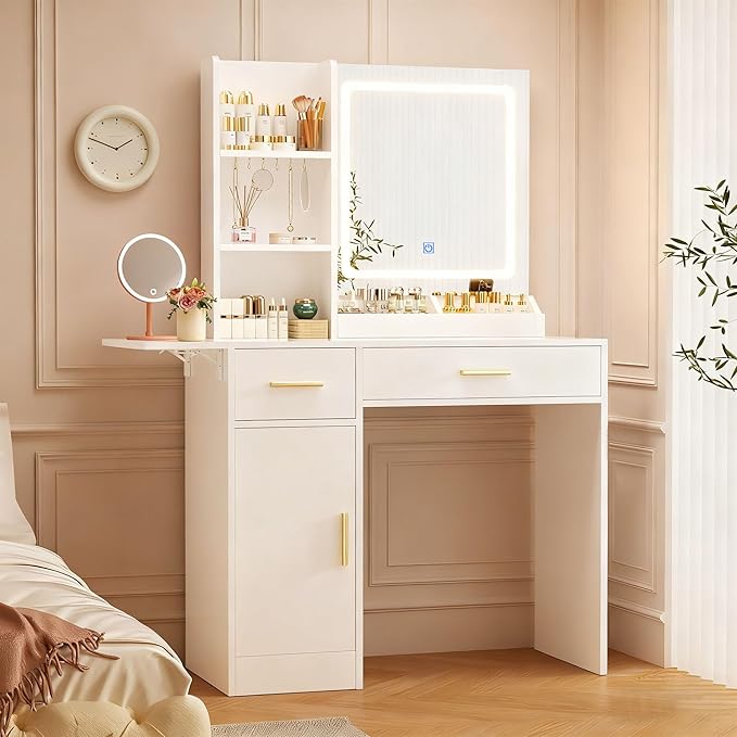 Vanity Desk with Mirror and Lights & Extral Foldable Desk, 31.5" & 39.3" Makeup Vanity Table with 5 Drawers and 3 Open Shelves, Dressing Table for Bedroom, White (White 11)
