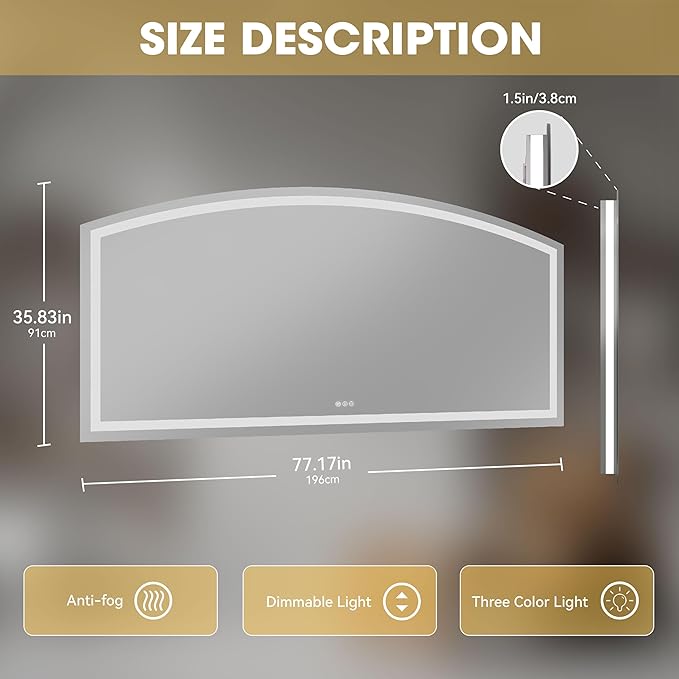 Hasipu 77" x 36" Arch LED Bathroom Mirror, Frontlit Wall-Mounted Vanity Mirror with Lights, Defogging, Smart Touch, Dimmable 3 Color Modes, Safety Shatterproof Glass Coating