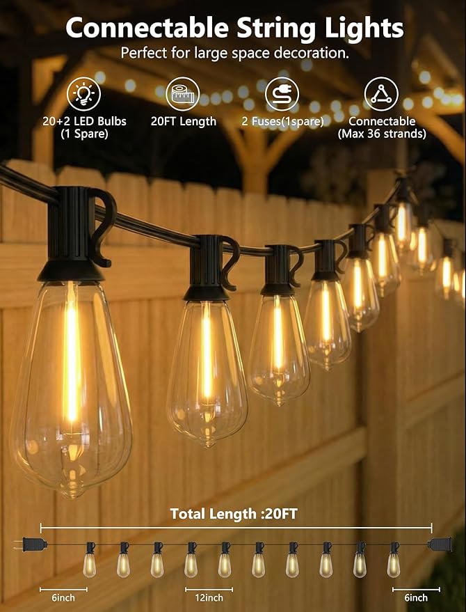 20FT LED Outdoor String Lights,Edison Lights Outdoor String with 22 Shatterproof ST40 Vintage Edison Bulbs,Outside Lights Waterproof for Outside Backyard Porch,Garden,Black