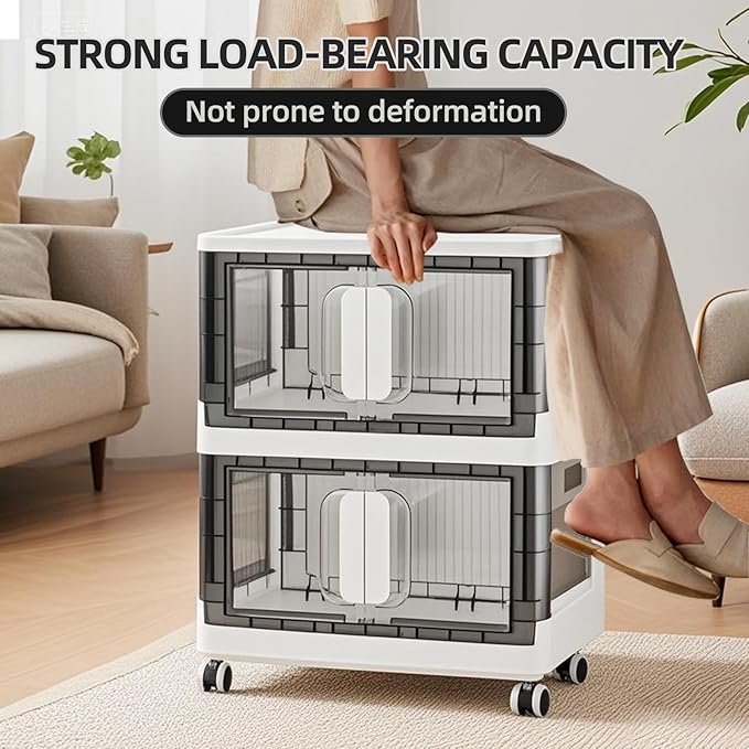 Folding Storage Organizer with Silent casters | Stackable Design for Home & Office, Heavy-Duty Plastic Storage Bin with Clear Door, 3 Sizes (19.5/23.5/27.5in),Black/White (19.7" 2 layer, White)