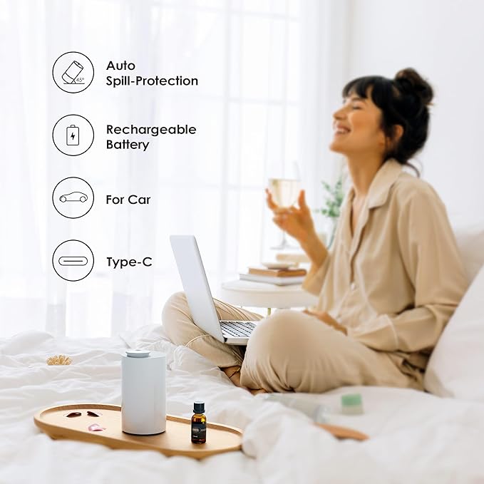 Airversa Waterless Essential Oil Diffuser Starter Kit with 4 x 10mL Hotel Scent Fragrance Oil, Battery Operated Mini Scent Air Machine Portable Diffuser for Home Car Office, AN6Kit-04 White