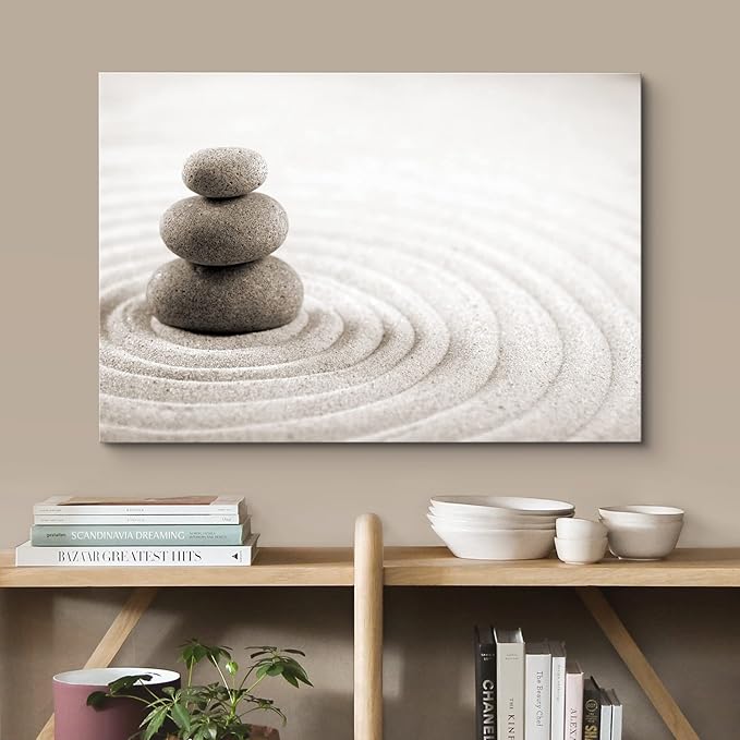 wall26 Canvas Print Wall Art Rock Stack On Gray Zen Sand Garden Floral Nature Photography Realism Bohemian Scenic Relax/Calm Cool for Living Room, Bedroom, Office - 24"x36"