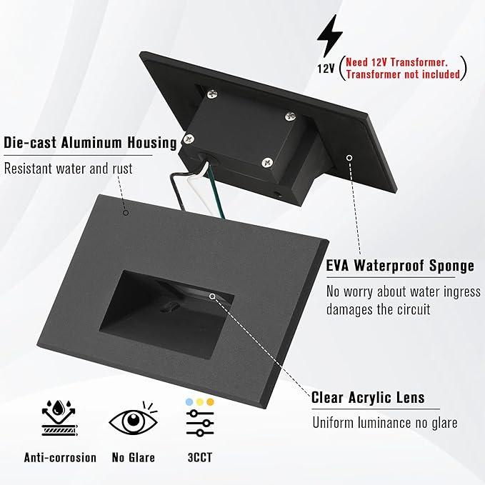 LED Step Lights Outdoor Stair Light Indoor,12V Low Voltage 3CCT Color Changing 3000K/4000K/5000K 4W 150LM, IP66 Waterproof, Horizontal Lights for Steps Black, 6-Pack